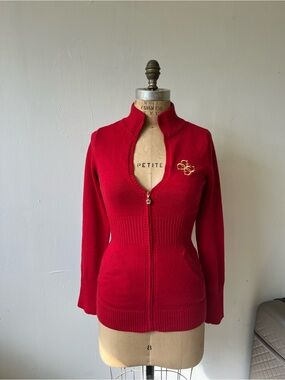 Vintage Guess Jeans Red Zip Up Mock Neck Sweater Gold Logo Ribbed Knit Medium